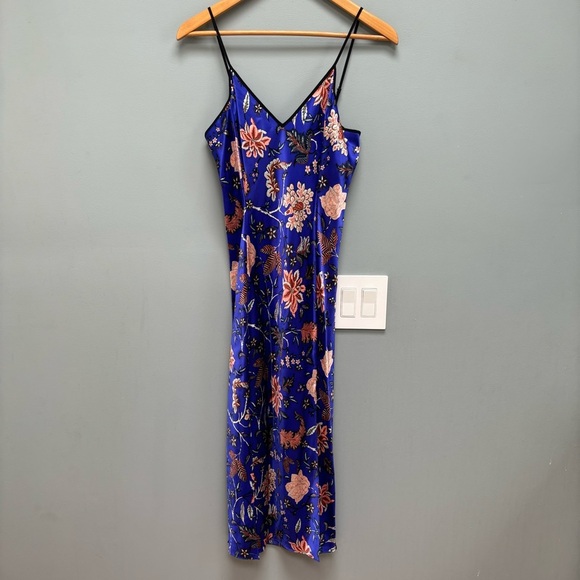 Diane Von Furstenberg Canton Electric Blue Floral Satin Midi Slip Dress Small - Picture 6 of 11